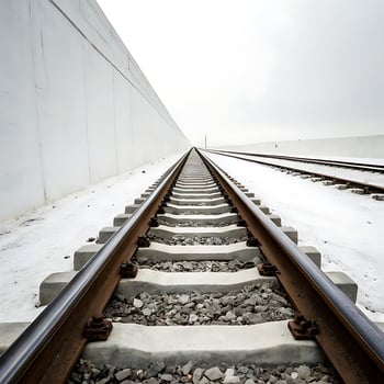 Perspective view of railway tracks leading into the distance, with a clean white background and snow covering the ground beside the tracks photo
