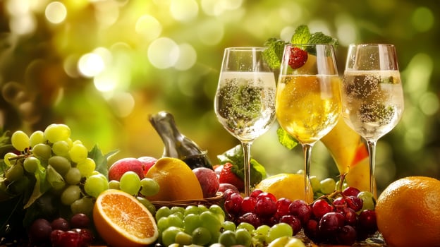 Sparkling Wine with Fresh Fruits and Summer Background photo