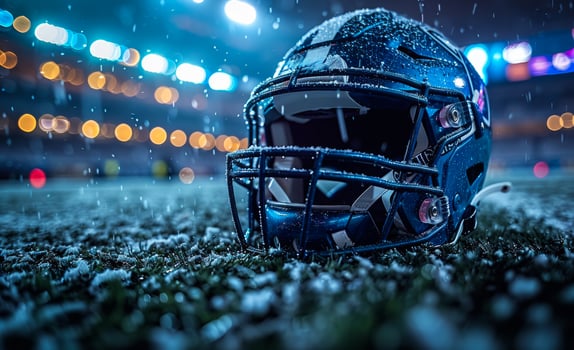 American football helmet laying on the field in the snow at night photo