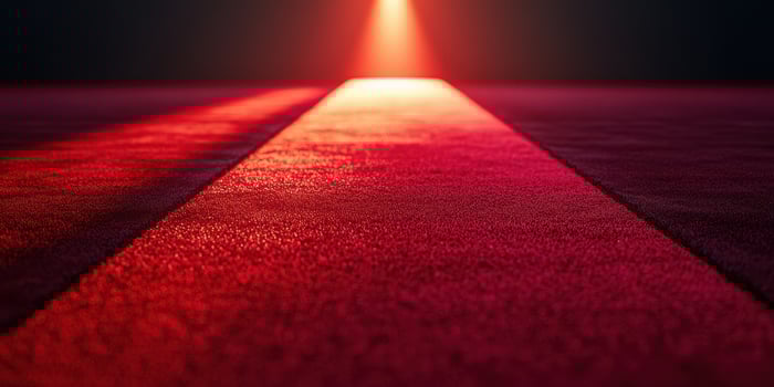 Bright red carpet leading to a spotlight in a dark setting, creating a dramatic atmosphere for an event photo