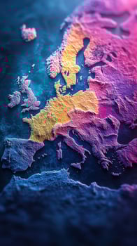 Colorful 3D representation of Europe showcasing geographic features and topography with vibrant hues and textures photo