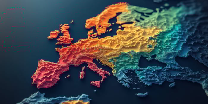 Detailed topographic map of Europe showcasing terrain variations and vibrant colors in a horizontal layout photo