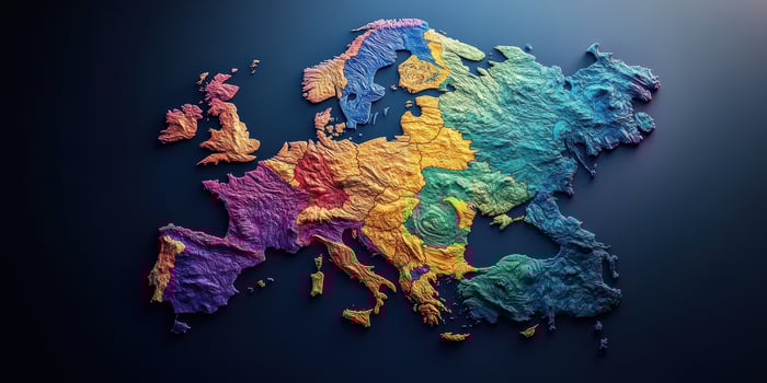 Colorful topographic map of Europe highlighting geographical features and elevations photo
