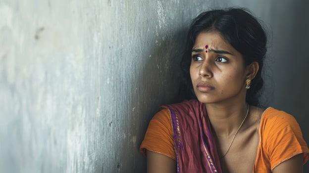A woman in an orange sari is leaning against a wall photo