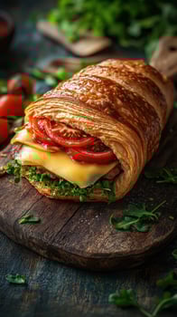 Delicious croissant sandwich filled with fresh vegetables, cheese, and herbs served on a rustic wooden board photo