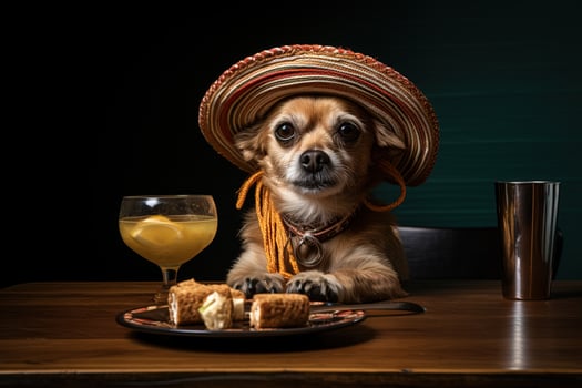 adorable little chihuahua dog in Mexican hat sitting at a table with a glass of orange juice and a plate of food photo