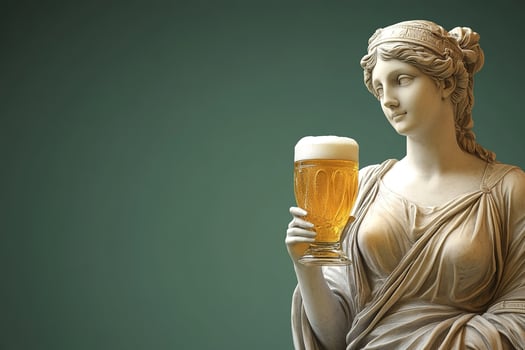 roman antique statue of woman with glass of cold refreshing beer on green background with copy space photo