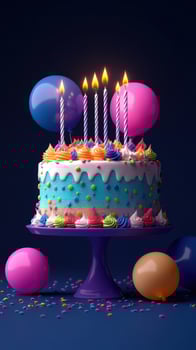 Celebrating a joyful birthday with a colorful cake adorned with candles and vibrant balloons at a festive gathering photo