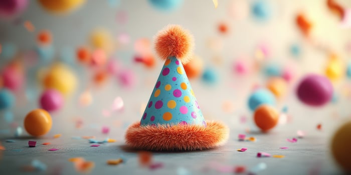 Colorful party hat surrounded by festive decorations in a playful celebration setup photo