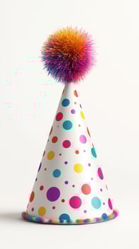 Colorful party hat with pom pom on top displayed against a plain background photo