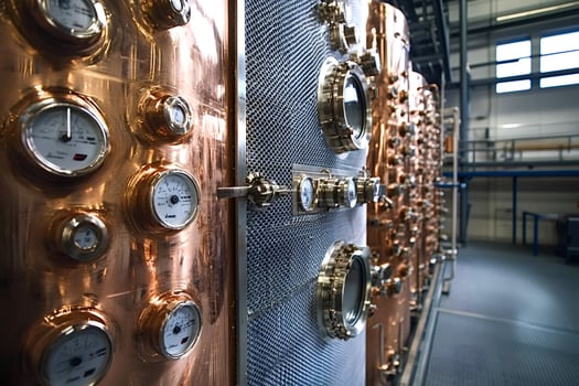 Copper distillation equipment showing pressure gauges and valves in distillery photo