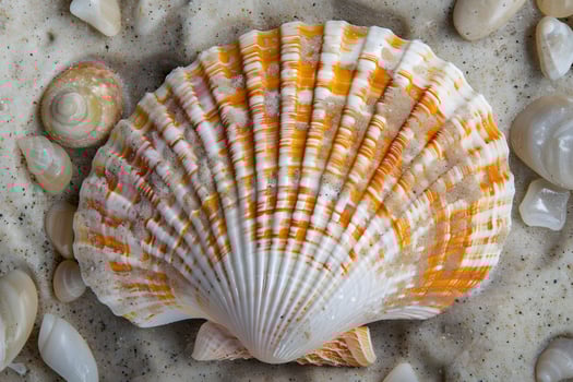 Seashells Exquisite Orange and White Striped Scallop Shell on Sandy Beach, Detailed Close-up View Showcasing Natural Texture and Patterns. A Stunning Ocean Treasure in Vibrant Colors. photo