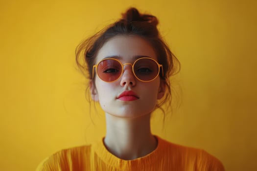A woman wearing sunglasses and a yellow shirt photo
