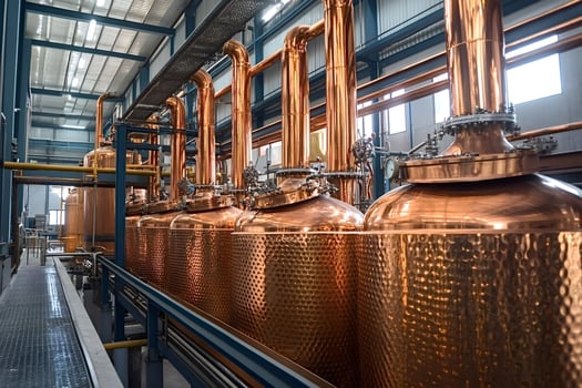 Copper stills shining in distillery processing plant photo