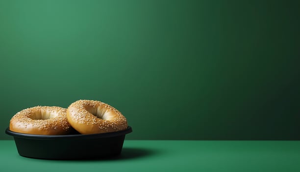 Two bagel fried ring dough bread on black paper bowl with copy space blue background photo