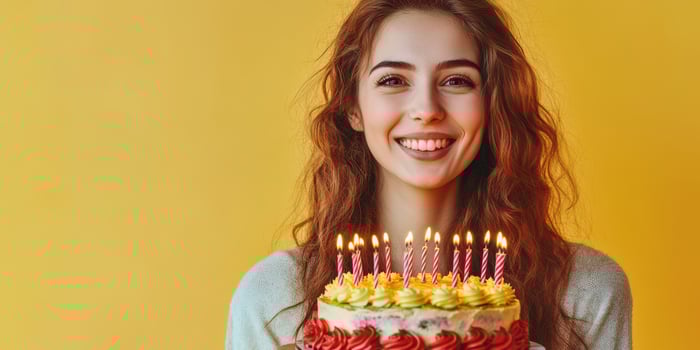 Smiling woman holds colorful birthday cake with lit candles against bright yellow background during celebration photo