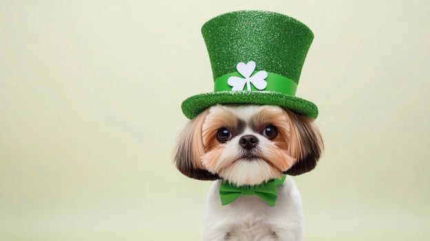 Shih Tzu wearing glittery green leprechaun hat and bow tie, looking festive photo