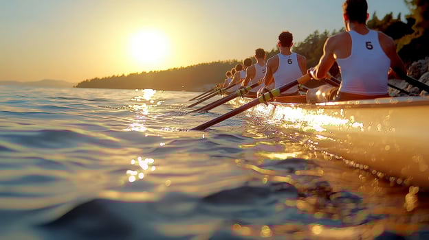 Rowing Team at Sunset Golden Light on Water photo