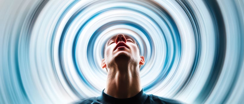 A man is looking up into the air with a blue swirl around him photo