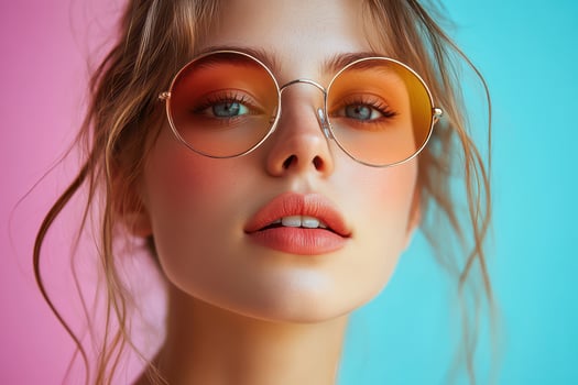 A woman with sunglasses and bright makeup photo