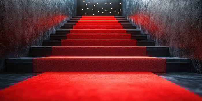 Luxurious red carpet entrance leading to a glamorous venue illuminated with bright lights photo