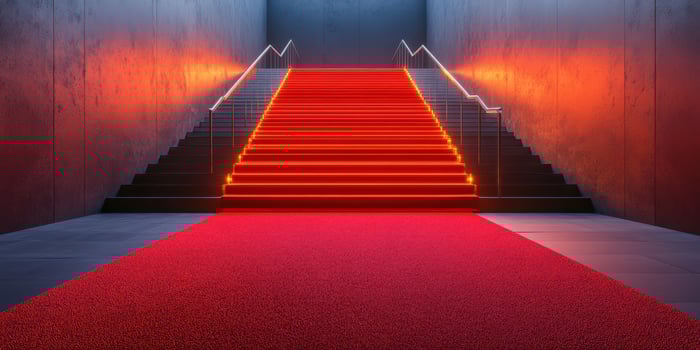 Brightly lit red stairway leads to an unknown destination in a contemporary urban setting at night photo