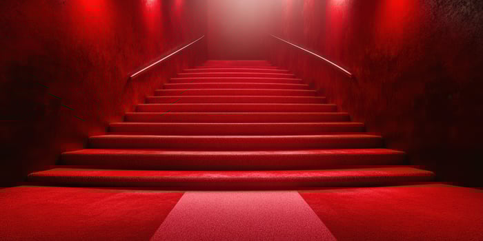 Elegant red staircase leads to a mysterious destination in an atmospheric setting with moody lighting photo
