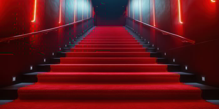 Elegant red carpeted staircase illuminated by vibrant neon lights in a modern venue at night photo