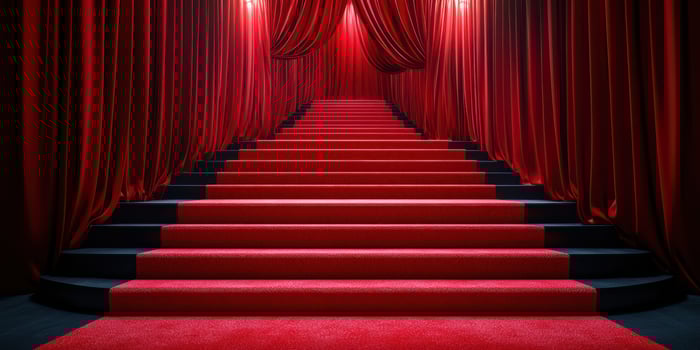 Elegant red carpet stairs lead to a dramatic stage setting illuminated by soft lights photo