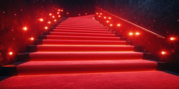 Bright red carpeted stairs lead up to an elegant venue illuminated by glowing lights photo