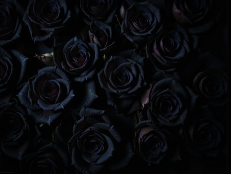 Black roses are shown in a dark room photo