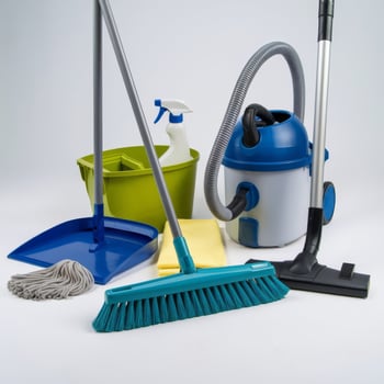 Various cleaning supplies including a vacuum cleaner, broom, mop and bucket photo