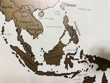 Southeast Asia map displaying countries and surrounding seas with labeled landmarks photo
