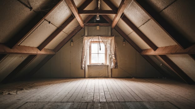 An attic with a window and wooden beams photo