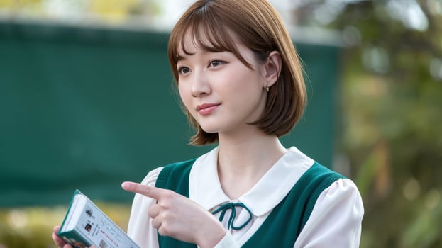 A young woman holding a book and pointing photo