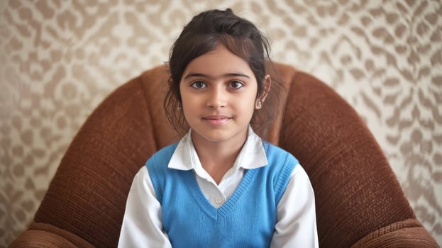 A young girl sitting on a chair in front of a wall photo