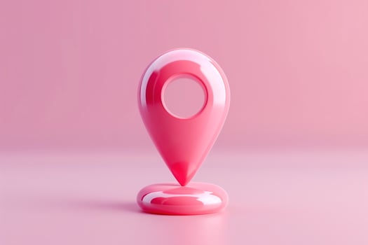 A glossy pink location pin on a soft pink background, symbolizing navigation and mapping services. photo