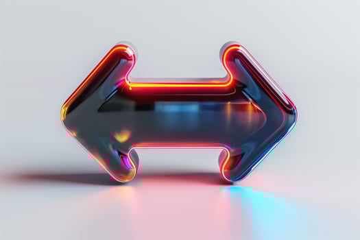 A vibrant 3D glossy arrow symbol featuring a colorful neon glow, pointing left and right, set against a clean, light background. photo