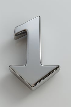 A shiny metallic number one with a downward arrow design, set against a light gray background, symbolizing ranking or priority. photo
