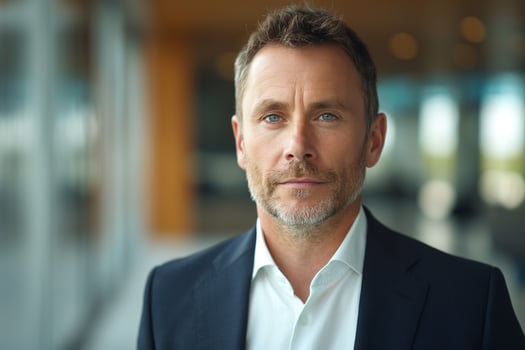Confident middle-aged man in a suit, exuding professionalism with a modern office backdrop. photo