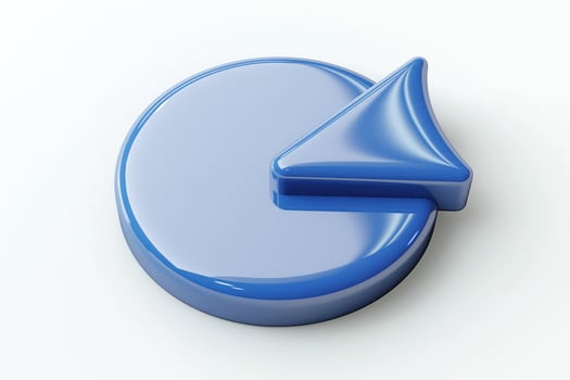 A glossy blue 3D icon featuring a circular shape with a triangular arrow pointing left, symbolizing navigation or return. photo