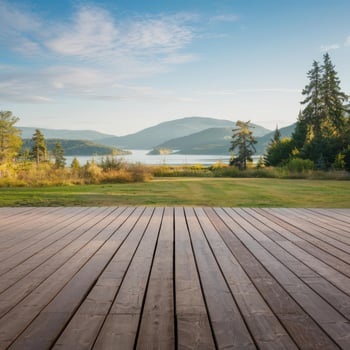 A wooden deck overlooking a lake and mountains photo