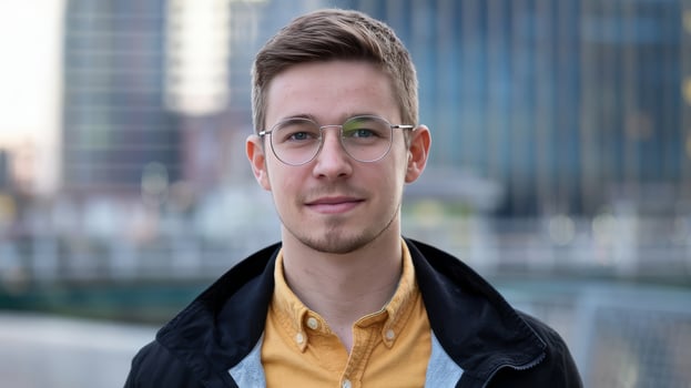 A man with glasses and a yellow shirt photo