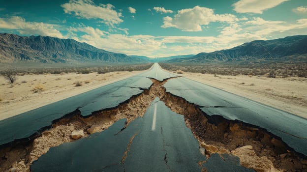 Cracked Road in Desert. Broken Asphalt. Damaged Pavement. Earthquake Road. Mountains. Long Road. Landscape. Nature. Sky. Clouds. Travel. Desert Scene. Cracked. Damage. Risk. Danger. photo