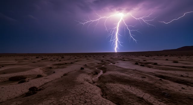 Powerful Lightning Strike Over a Dry Desert Landscape at Night photo