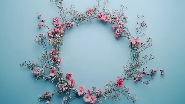 Delicate floral wreath with pink blossoms and baby's breath encircling serene light blue space photo