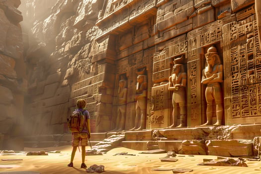 A man standing in front of an ancient building photo