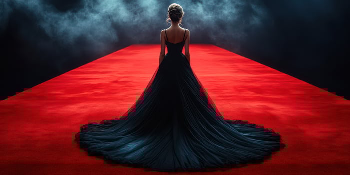 Elegant woman in a flowing black gown posing on a striking red carpet under dramatic lighting photo