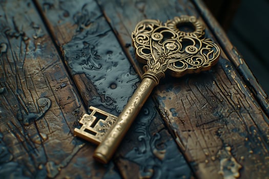 A key sitting on a wooden table photo