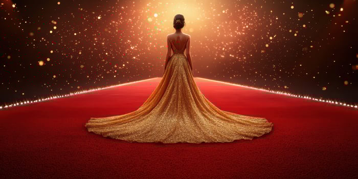 Elegant woman in a golden gown on a red carpet during an evening event with bright lights and sparkles photo